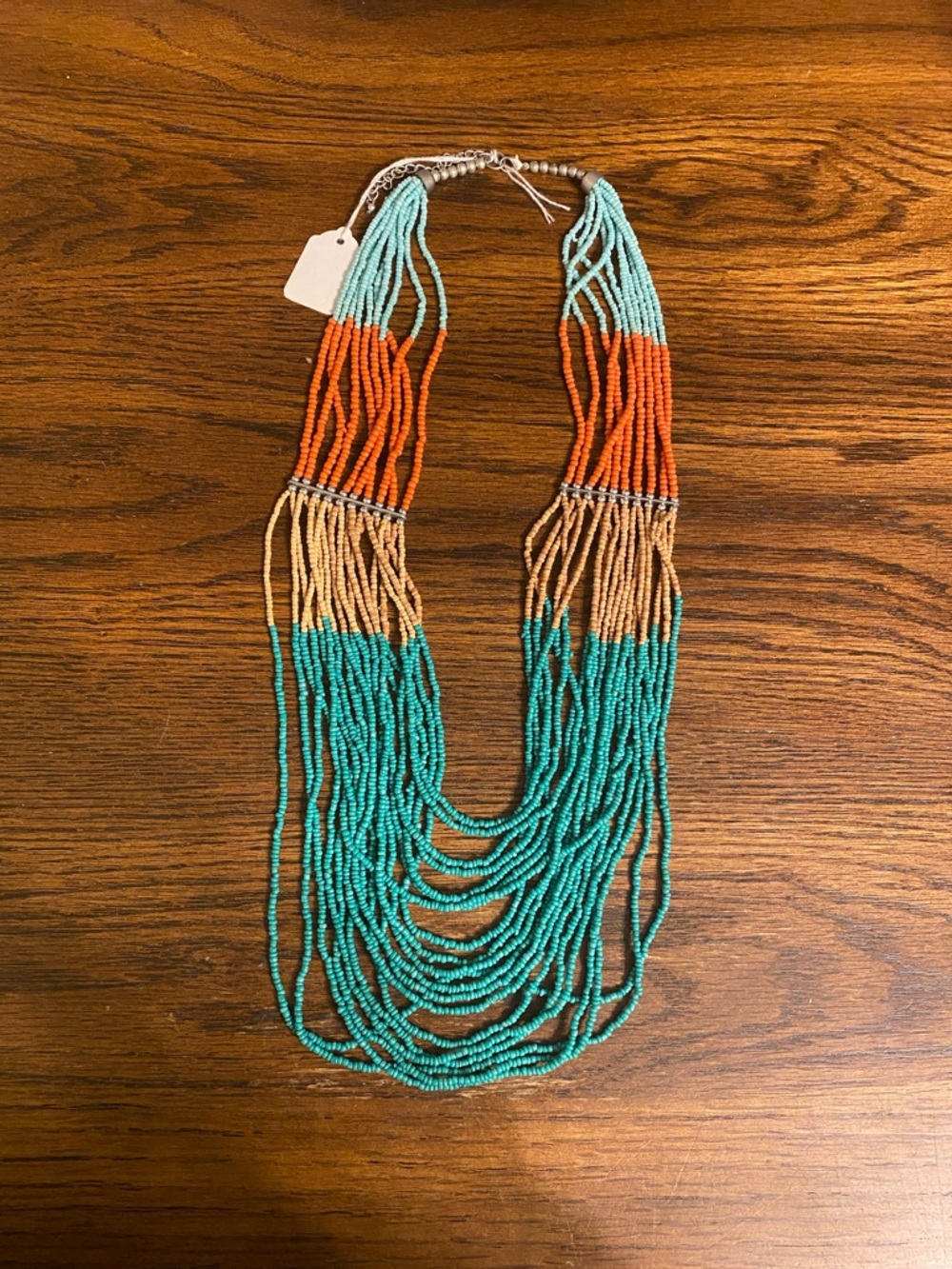 Handmade Multistrand Seed Bead Statement Necklace Turquoise Orange Tan